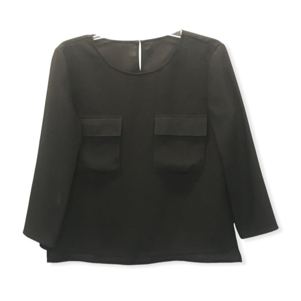 Black Blouse Top Women Size Medium 3/4 Sleeve Chest Pockets Career Business